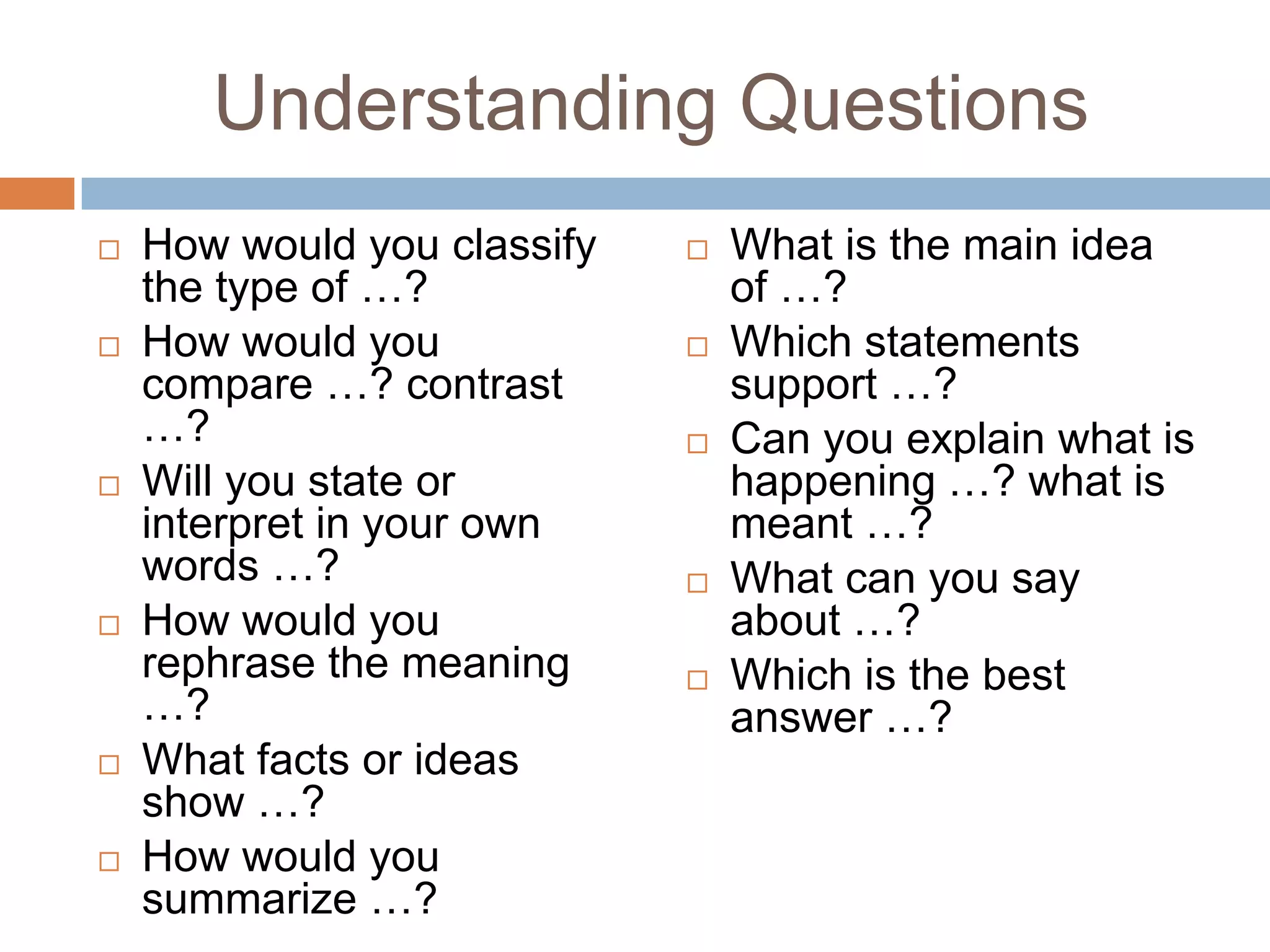 Understanding QuestionsHow would you classify the type of …?How would you compare …? contrast …?Will you state or interpret in your own words …?How would you rephrase the meaning …?What facts or ideas show …?How would you summarize …? What is the main idea of …?Which statements support …?Can you explain what is happening …? what is meant …?What can you say about …?Which is the best answer …?