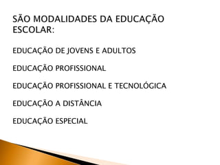 EDUCAÇÃO DE JOVENS E ADULTOS
EDUCAÇÃO PROFISSIONAL
EDUCAÇÃO PROFISSIONAL E TECNOLÓGICA
EDUCAÇÃO A DISTÂNCIA
EDUCAÇÃO ESPECIAL
 