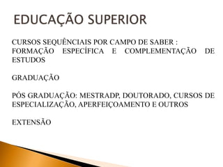 CURSOS SEQUÊNCIAIS POR CAMPO DE SABER :
FORMAÇÃO ESPECÍFICA E COMPLEMENTAÇÃO DE
ESTUDOS
GRADUAÇÃO
PÓS GRADUAÇÃO: MESTRADP, DOUTORADO, CURSOS DE
ESPECIALIZAÇÃO, APERFEIÇOAMENTO E OUTROS
EXTENSÃO
 