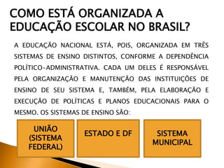 A EDUCAÇÃO NACIONAL ESTÁ, POIS, ORGANIZADA EM TRÊS
SISTEMAS DE ENSINO DISTINTOS, CONFORME A DEPENDÊNCIA
POLÍTICO-ADMINISTRATIVA. CADA UM DELES É RESPONSÁVEL
PELA ORGANIZAÇÃO E MANUTENÇÃO DAS INSTITUIÇÕES DE
ENSINO DE SEU SISTEMA E, TAMBÉM, PELA ELABORAÇÃO E
EXECUÇÃO DE POLÍTICAS E PLANOS EDUCACIONAIS PARA O
MESMO. OS SISTEMAS DE ENSINO SÃO:
UNIÃO
(SISTEMA
FEDERAL)
ESTADO E DF SISTEMA
MUNICIPAL
COMO ESTÁ ORGANIZADA A
EDUCAÇÃO ESCOLAR NO BRASIL?
 