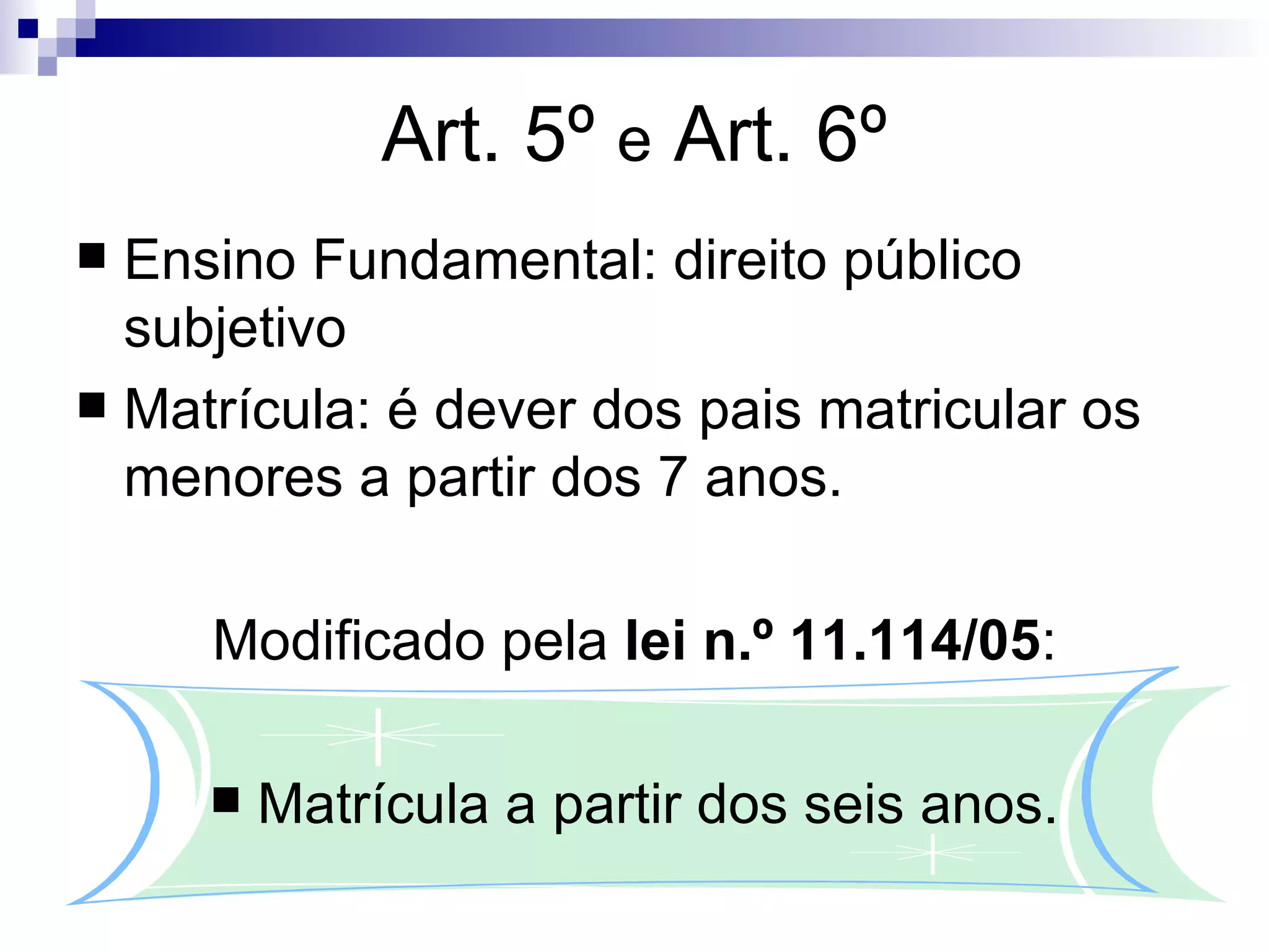 Art. 5º  e  Art. 6º Ensino Fundamental: direito público subjetivo Matrícula: é dever dos pais matricular os menores a partir dos 7 anos. Modificado pela  lei n.º 11.114/05 : Matrícula a partir dos seis anos. 