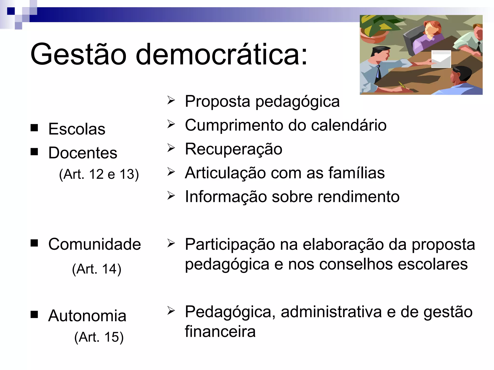 Gestão democrática: Escolas  Docentes (Art. 12 e 13)‏ Comunidade (Art. 14)   Autonomia (Art. 15)‏ Proposta pedagógica Cumprimento do calendário Recuperação Articulação com as famílias Informação sobre rendimento Participação na elaboração da proposta pedagógica e nos conselhos escolares Pedagógica, administrativa e de gestão financeira 