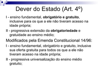 Dever do Estado (Art. 4º)‏ I - ensino fundamental,  obrigatório   e gratuito , inclusive para os que a ele não tiveram acesso na idade própria; II - progressiva extensão da  obrigatoriedade  e gratuidade ao ensino médio; Modificados pela Emenda Constitucional 14/96: I - ensino fundamental, obrigatório e gratuito, inclusive sua oferta gratuita para todos os que a ele não tiveram acesso na idade própria; II - progressiva universalização do ensino médio gratuito; 
