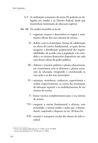Série Legislação
14
	 § 3o
	 As atribuições constantes do inciso IX poderão ser de-
legadas aos estados e ao Distrito Federal, desde que
mantenham instituições de educação superior.
	 Art. 10.	 Os estados incumbir-se-ão de:
	 I –	organizar, manter e desenvolver os órgãos e insti-
tuições oﬁciais dos seus sistemas de ensino;
	 II –	deﬁnir, com os municípios, formas de colaboração
na oferta do ensino fundamental, as quais devem
assegurar a distribuição proporcional das respon-
sabilidades, de acordo com a população a ser aten-
dida e os recursos ﬁnanceiros disponíveis em cada
uma dessas esferas do poder público;
	 III –	elaborar e executar políticas e planos educacionais,
em consonância com as diretrizes e planos nacio-
nais de educação, integrando e coordenando as
suas ações e as dos seus municípios;
	 IV –	autorizar, reconhecer, credenciar, supervisionar e
avaliar, respectivamente, os cursos das instituições
de educação superior e os estabelecimentos do seu
sistema de ensino;
	 V –	baixar normas complementares para o seu sistema
de ensino;
	 10
VI –	assegurar o ensino fundamental e oferecer, com
prioridade, o ensino médio a todos que o deman-
darem, respeitado o disposto no art. 38 desta lei;
	 11
VII –	assumir o transporte escolar dos alunos da rede es-
tadual.
10	
Inciso com redação dada pela Lei nº 12.061, de 27-10-2009.
11	
Inciso acrescido pela Lei no
10.709, de 31-7-2003.
 