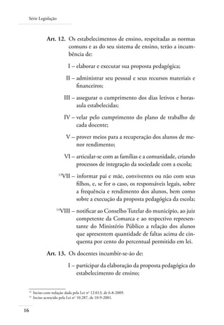Série Legislação
16
	 Art. 12.	 Os estabelecimentos de ensino, respeitadas as normas
comuns e as do seu sistema de ensino, terão a incum-
bência de:
	 I –	elaborar e executar sua proposta pedagógica;
	 II –	administrar seu pessoal e seus recursos materiais e
ﬁnanceiros;
	 III –	assegurar o cumprimento dos dias letivos e horas-
aula estabelecidas;
	 IV –	velar pelo cumprimento do plano de trabalho de
cada docente;
	 V –	prover meios para a recuperação dos alunos de me-
nor rendimento;
	 VI –	articular-se com as famílias e a comunidade, criando
processos de integração da sociedade com a escola;
	 13
VII –		informar pai e mãe, conviventes ou não com seus
filhos, e, se for o caso, os responsáveis legais, sobre
a frequência e rendimento dos alunos, bem como
sobre a execução da proposta pedagógica da escola;
	 14
VIII –	notiﬁcar ao Conselho Tutelar do município, ao juiz
competente da Comarca e ao respectivo represen-
tante do Ministério Público a relação dos alunos
que apresentem quantidade de faltas acima de cin-
quenta por cento do percentual permitido em lei.
	 Art. 13.	 Os docentes incumbir-se-ão de:
	 I –	participar da elaboração da proposta pedagógica do
estabelecimento de ensino;
13	
Inciso com redação dada pela Lei no
12.013, de 6-8-2009.
14	
Inciso acrescido pela Lei no
10.287, de 10-9-2001.
 