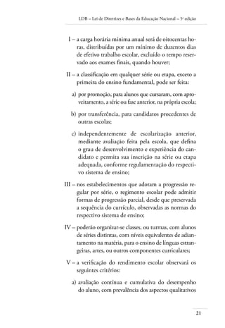 LDB – Lei de Diretrizes e Bases da Educação Nacional – 5a
edição
21
	 I –	a carga horária mínima anual será de oitocentas ho-
ras, distribuídas por um mínimo de duzentos dias
de efetivo trabalho escolar, excluído o tempo reser-
vado aos exames ﬁnais, quando houver;
	 II –	a classiﬁcação em qualquer série ou etapa, exceto a
primeira do ensino fundamental, pode ser feita:
	 a)	por promoção, para alunos que cursaram, com apro-
veitamento, a série ou fase anterior, na própria escola;
	 b)	por transferência, para candidatos procedentes de
outras escolas;
	 c)	independentemente de escolarização anterior,
mediante avaliação feita pela escola, que deﬁna
o grau de desenvolvimento e experiência do can-
didato e permita sua inscrição na série ou etapa
adequada, conforme regulamentação do respecti-
vo sistema de ensino;
	 III –	nos estabelecimentos que adotam a progressão re-
gular por série, o regimento escolar pode admitir
formas de progressão parcial, desde que preservada
a sequência do currículo, observadas as normas do
respectivo sistema de ensino;
	 IV –	poderão organizar-se classes, ou turmas, com alunos
de séries distintas, com níveis equivalentes de adian-
tamento na matéria, para o ensino de línguas estran-
geiras, artes, ou outros componentes curriculares;
	 V –	a veriﬁcação do rendimento escolar observará os
seguintes critérios:
	 a)	avaliação contínua e cumulativa do desempenho
do aluno, com prevalência dos aspectos qualitativos
 