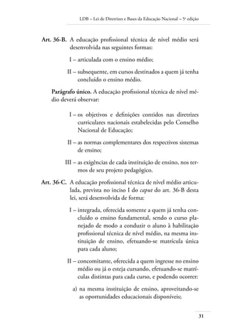 LDB – Lei de Diretrizes e Bases da Educação Nacional – 5a
edição
31
	 Art. 36-B.	 A educação profissional técnica de nível médio será
desenvolvida nas seguintes formas:
	 I –	articulada com o ensino médio;
	 II –	subsequente, em cursos destinados a quem já tenha
concluído o ensino médio.
Parágrafo único. A educação profissional técnica de nível mé-
dio deverá observar:
	 I –	os objetivos e definições contidos nas diretrizes
curriculares nacionais estabelecidas pelo Conselho
Nacional de Educação;
	 II –	as normas complementares dos respectivos sistemas
de ensino;
	 III –	as exigências de cada instituição de ensino, nos ter-
mos de seu projeto pedagógico.
	 Art. 36-C.	 A educação profissional técnica de nível médio articu-
lada, prevista no inciso I do caput do art. 36-B desta
lei, será desenvolvida de forma:
	 I –	integrada, oferecida somente a quem já tenha con-
cluído o ensino fundamental, sendo o curso pla-
nejado de modo a conduzir o aluno à habilitação
profissional técnica de nível médio, na mesma ins-
tituição de ensino, efetuando-se matrícula única
para cada aluno;
	 II –	concomitante, oferecida a quem ingresse no ensino
médio ou já o esteja cursando, efetuando-se matrí-
culas distintas para cada curso, e podendo ocorrer:
	 a)	na mesma instituição de ensino, aproveitando-se
as oportunidades educacionais disponíveis;
 