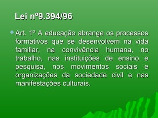 Lei nº9.394/96Lei nº9.394/96
 Art. 1º A educação abrange os processosArt. 1º A educação abrange os processos
formativos que se desenvolvem na vidaformativos que se desenvolvem na vida
familiar, na convivência humana, nofamiliar, na convivência humana, no
trabalho, nas instituições de ensino etrabalho, nas instituições de ensino e
pesquisa, nos movimentos sociais epesquisa, nos movimentos sociais e
organizações da sociedade civil e nasorganizações da sociedade civil e nas
manifestações culturais.manifestações culturais.
 