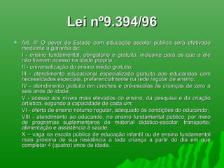 Lei nº9.394/96Lei nº9.394/96
 Art. 4º O dever do Estado com educação escolar pública será efetivadoArt. 4º O dever do Estado com educação escolar pública será efetivado
mediante a garantia de:mediante a garantia de:
I - ensino fundamental, obrigatório e gratuito, inclusive para os que a eleI - ensino fundamental, obrigatório e gratuito, inclusive para os que a ele
não tiveram acesso na idade própria;não tiveram acesso na idade própria;
II - universalização do ensino médio gratuito;II - universalização do ensino médio gratuito;
III - atendimento educacional especializado gratuito aos educandos comIII - atendimento educacional especializado gratuito aos educandos com
necessidades especiais, preferencialmente na rede regular de ensino;necessidades especiais, preferencialmente na rede regular de ensino;
IV - atendimento gratuito em creches e pré-escolas às crianças de zero aIV - atendimento gratuito em creches e pré-escolas às crianças de zero a
seis anos de idade;seis anos de idade;
V - acesso aos níveis mais elevados do ensino, da pesquisa e da criaçãoV - acesso aos níveis mais elevados do ensino, da pesquisa e da criação
artística, segundo a capacidade de cada um;artística, segundo a capacidade de cada um;
VI - oferta de ensino noturno regular, adequado às condições do educando;VI - oferta de ensino noturno regular, adequado às condições do educando;
VIII - atendimento ao educando, no ensino fundamental público, por meioVIII - atendimento ao educando, no ensino fundamental público, por meio
de programas suplementares de material didático-escolar, transporte,de programas suplementares de material didático-escolar, transporte,
alimentação e assistência à saúde;alimentação e assistência à saúde;
X – vaga na escola pública de educação infantil ou de ensino fundamentalX – vaga na escola pública de educação infantil ou de ensino fundamental
mais próxima de sua residência a toda criança a partir do dia em quemais próxima de sua residência a toda criança a partir do dia em que
completar 4 (quatro) anos de idade.completar 4 (quatro) anos de idade.
 