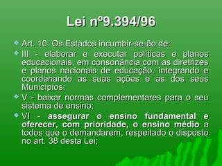 Lei nº9.394/96Lei nº9.394/96
 Art. 10. Os Estados incumbir-se-ão de:Art. 10. Os Estados incumbir-se-ão de:
 III - elaborar e executar políticas e planosIII - elaborar e executar políticas e planos
educacionais, em consonância com as diretrizeseducacionais, em consonância com as diretrizes
e planos nacionais de educação, integrando ee planos nacionais de educação, integrando e
coordenando as suas ações e as dos seuscoordenando as suas ações e as dos seus
Municípios;Municípios;
 V - baixar normas complementares para o seuV - baixar normas complementares para o seu
sistema de ensino;sistema de ensino;
 VI -VI - assegurar o ensino fundamental eassegurar o ensino fundamental e
oferecer, com prioridade, o ensino médiooferecer, com prioridade, o ensino médio aa
todos que o demandarem, respeitado o dispostotodos que o demandarem, respeitado o disposto
no art. 38 desta Lei;no art. 38 desta Lei;
 