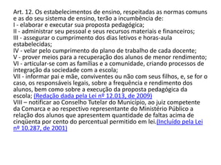 Art. 12. Os estabelecimentos de ensino, respeitadas as normas comuns
e as do seu sistema de ensino, terão a incumbência de:
I - elaborar e executar sua proposta pedagógica;
II - administrar seu pessoal e seus recursos materiais e financeiros;
III - assegurar o cumprimento dos dias letivos e horas-aula
estabelecidas;
IV - velar pelo cumprimento do plano de trabalho de cada docente;
V - prover meios para a recuperação dos alunos de menor rendimento;
VI - articular-se com as famílias e a comunidade, criando processos de
integração da sociedade com a escola;
VII - informar pai e mãe, conviventes ou não com seus filhos, e, se for o
caso, os responsáveis legais, sobre a frequência e rendimento dos
alunos, bem como sobre a execução da proposta pedagógica da
escola; (Redação dada pela Lei nº 12.013, de 2009)
VIII – notificar ao Conselho Tutelar do Município, ao juiz competente
da Comarca e ao respectivo representante do Ministério Público a
relação dos alunos que apresentem quantidade de faltas acima de
cinqüenta por cento do percentual permitido em lei.(Incluído pela Lei
nº 10.287, de 2001)
 