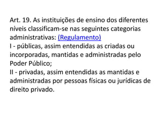 Art. 19. As instituições de ensino dos diferentes
níveis classificam-se nas seguintes categorias
administrativas: (Regulamento)
I - públicas, assim entendidas as criadas ou
incorporadas, mantidas e administradas pelo
Poder Público;
II - privadas, assim entendidas as mantidas e
administradas por pessoas físicas ou jurídicas de
direito privado.
 