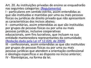 Art. 20. As instituições privadas de ensino se enquadrarão
nas seguintes categorias: (Regulamento)
I - particulares em sentido estrito, assim entendidas as
que são instituídas e mantidas por uma ou mais pessoas
físicas ou jurídicas de direito privado que não apresentem
as características dos incisos abaixo;
II - comunitárias, assim entendidas as que são instituídas
por grupos de pessoas físicas ou por uma ou mais
pessoas jurídicas, inclusive cooperativas
educacionais, sem fins lucrativos, que incluam na sua
entidade mantenedora representantes da comunidade;
(Redação dada pela Lei nº 12.020, de 2009)
III - confessionais, assim entendidas as que são instituídas
por grupos de pessoas físicas ou por uma ou mais
pessoas jurídicas que atendem a orientação confessional
e ideologia específicas e ao disposto no inciso anterior;
IV - filantrópicas, na forma da lei.
 