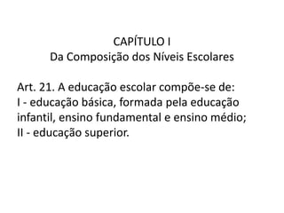 CAPÍTULO I
Da Composição dos Níveis Escolares
Art. 21. A educação escolar compõe-se de:
I - educação básica, formada pela educação
infantil, ensino fundamental e ensino médio;
II - educação superior.
 