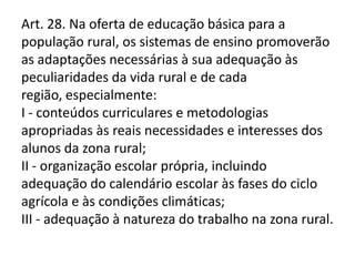 Art. 28. Na oferta de educação básica para a
população rural, os sistemas de ensino promoverão
as adaptações necessárias à sua adequação às
peculiaridades da vida rural e de cada
região, especialmente:
I - conteúdos curriculares e metodologias
apropriadas às reais necessidades e interesses dos
alunos da zona rural;
II - organização escolar própria, incluindo
adequação do calendário escolar às fases do ciclo
agrícola e às condições climáticas;
III - adequação à natureza do trabalho na zona rural.
 