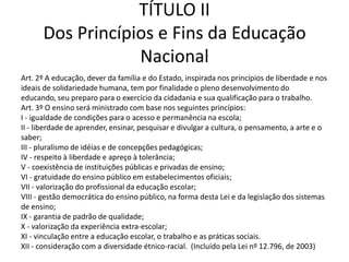 TÍTULO II
Dos Princípios e Fins da Educação
Nacional
Art. 2º A educação, dever da família e do Estado, inspirada nos princípios de liberdade e nos
ideais de solidariedade humana, tem por finalidade o pleno desenvolvimento do
educando, seu preparo para o exercício da cidadania e sua qualificação para o trabalho.
Art. 3º O ensino será ministrado com base nos seguintes princípios:
I - igualdade de condições para o acesso e permanência na escola;
II - liberdade de aprender, ensinar, pesquisar e divulgar a cultura, o pensamento, a arte e o
saber;
III - pluralismo de idéias e de concepções pedagógicas;
IV - respeito à liberdade e apreço à tolerância;
V - coexistência de instituições públicas e privadas de ensino;
VI - gratuidade do ensino público em estabelecimentos oficiais;
VII - valorização do profissional da educação escolar;
VIII - gestão democrática do ensino público, na forma desta Lei e da legislação dos sistemas
de ensino;
IX - garantia de padrão de qualidade;
X - valorização da experiência extra-escolar;
XI - vinculação entre a educação escolar, o trabalho e as práticas sociais.
XII - consideração com a diversidade étnico-racial. (Incluído pela Lei nº 12.796, de 2003)
 