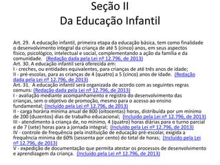 Seção II
Da Educação Infantil
Art. 29. A educação infantil, primeira etapa da educação básica, tem como finalidade
o desenvolvimento integral da criança de até 5 (cinco) anos, em seus aspectos
físico, psicológico, intelectual e social, complementando a ação da família e da
comunidade. (Redação dada pela Lei nº 12.796, de 2013)
Art. 30. A educação infantil será oferecida em:
I - creches, ou entidades equivalentes, para crianças de até três anos de idade;
II - pré-escolas, para as crianças de 4 (quatro) a 5 (cinco) anos de idade. (Redação
dada pela Lei nº 12.796, de 2013)
Art. 31. A educação infantil será organizada de acordo com as seguintes regras
comuns: (Redação dada pela Lei nº 12.796, de 2013)
I - avaliação mediante acompanhamento e registro do desenvolvimento das
crianças, sem o objetivo de promoção, mesmo para o acesso ao ensino
fundamental; (Incluído pela Lei nº 12.796, de 2013)
II - carga horária mínima anual de 800 (oitocentas) horas, distribuída por um mínimo
de 200 (duzentos) dias de trabalho educacional; (Incluído pela Lei nº 12.796, de 2013)
III - atendimento à criança de, no mínimo, 4 (quatro) horas diárias para o turno parcial
e de 7 (sete) horas para a jornada integral; (Incluído pela Lei nº 12.796, de 2013)
IV - controle de frequência pela instituição de educação pré-escolar, exigida a
frequência mínima de 60% (sessenta por cento) do total de horas; (Incluído pela Lei
nº 12.796, de 2013)
V - expedição de documentação que permita atestar os processos de desenvolvimento
e aprendizagem da criança. (Incluído pela Lei nº 12.796, de 2013)
 