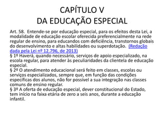 CAPÍTULO V
DA EDUCAÇÃO ESPECIAL
Art. 58. Entende-se por educação especial, para os efeitos desta Lei, a
modalidade de educação escolar oferecida preferencialmente na rede
regular de ensino, para educandos com deficiência, transtornos globais
do desenvolvimento e altas habilidades ou superdotação. (Redação
dada pela Lei nº 12.796, de 2013)
§ 1º Haverá, quando necessário, serviços de apoio especializado, na
escola regular, para atender às peculiaridades da clientela de educação
especial.
§ 2º O atendimento educacional será feito em classes, escolas ou
serviços especializados, sempre que, em função das condições
específicas dos alunos, não for possível a sua integração nas classes
comuns de ensino regular.
§ 3º A oferta de educação especial, dever constitucional do Estado,
tem início na faixa etária de zero a seis anos, durante a educação
infantil.
 