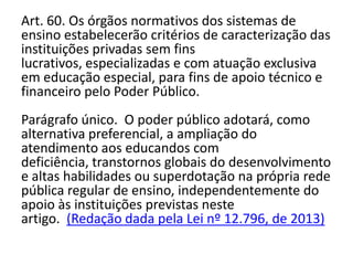 Art. 60. Os órgãos normativos dos sistemas de
ensino estabelecerão critérios de caracterização das
instituições privadas sem fins
lucrativos, especializadas e com atuação exclusiva
em educação especial, para fins de apoio técnico e
financeiro pelo Poder Público.
Parágrafo único. O poder público adotará, como
alternativa preferencial, a ampliação do
atendimento aos educandos com
deficiência, transtornos globais do desenvolvimento
e altas habilidades ou superdotação na própria rede
pública regular de ensino, independentemente do
apoio às instituições previstas neste
artigo. (Redação dada pela Lei nº 12.796, de 2013)
 
