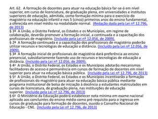 Art. 62. A formação de docentes para atuar na educação básica far-se-á em nível
superior, em curso de licenciatura, de graduação plena, em universidades e institutos
superiores de educação, admitida, como formação mínima para o exercício do
magistério na educação infantil e nos 5 (cinco) primeiros anos do ensino fundamental,
a oferecida em nível médio na modalidade normal. (Redação dada pela Lei nº 12.796,
de 2013)
§ 1º A União, o Distrito Federal, os Estados e os Municípios, em regime de
colaboração, deverão promover a formação inicial, a continuada e a capacitação dos
profissionais de magistério. (Incluído pela Lei nº 12.056, de 2009).
§ 2º A formação continuada e a capacitação dos profissionais de magistério poderão
utilizar recursos e tecnologias de educação a distância. (Incluído pela Lei nº 12.056, de
2009).
§ 3º A formação inicial de profissionais de magistério dará preferência ao ensino
presencial, subsidiariamente fazendo uso de recursos e tecnologias de educação a
distância. (Incluído pela Lei nº 12.056, de 2009).
§ 4o A União, o Distrito Federal, os Estados e os Municípios adotarão mecanismos
facilitadores de acesso e permanência em cursos de formação de docentes em nível
superior para atuar na educação básica pública. (Incluído pela Lei nº 12.796, de 2013)
§ 5o A União, o Distrito Federal, os Estados e os Municípios incentivarão a formação
de profissionais do magistério para atuar na educação básica pública mediante
programa institucional de bolsa de iniciação à docência a estudantes matriculados em
cursos de licenciatura, de graduação plena, nas instituições de educação
superior. (Incluído pela Lei nº 12.796, de 2013)
§ 6o O Ministério da Educação poderá estabelecer nota mínima em exame nacional
aplicado aos concluintes do ensino médio como pré-requisito para o ingresso em
cursos de graduação para formação de docentes, ouvido o Conselho Nacional de
Educação - CNE. (Incluído pela Lei nº 12.796, de 2013)
 