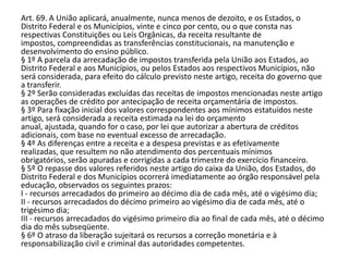 Art. 69. A União aplicará, anualmente, nunca menos de dezoito, e os Estados, o
Distrito Federal e os Municípios, vinte e cinco por cento, ou o que consta nas
respectivas Constituições ou Leis Orgânicas, da receita resultante de
impostos, compreendidas as transferências constitucionais, na manutenção e
desenvolvimento do ensino público.
§ 1º A parcela da arrecadação de impostos transferida pela União aos Estados, ao
Distrito Federal e aos Municípios, ou pelos Estados aos respectivos Municípios, não
será considerada, para efeito do cálculo previsto neste artigo, receita do governo que
a transferir.
§ 2º Serão consideradas excluídas das receitas de impostos mencionadas neste artigo
as operações de crédito por antecipação de receita orçamentária de impostos.
§ 3º Para fixação inicial dos valores correspondentes aos mínimos estatuídos neste
artigo, será considerada a receita estimada na lei do orçamento
anual, ajustada, quando for o caso, por lei que autorizar a abertura de créditos
adicionais, com base no eventual excesso de arrecadação.
§ 4º As diferenças entre a receita e a despesa previstas e as efetivamente
realizadas, que resultem no não atendimento dos percentuais mínimos
obrigatórios, serão apuradas e corrigidas a cada trimestre do exercício financeiro.
§ 5º O repasse dos valores referidos neste artigo do caixa da União, dos Estados, do
Distrito Federal e dos Municípios ocorrerá imediatamente ao órgão responsável pela
educação, observados os seguintes prazos:
I - recursos arrecadados do primeiro ao décimo dia de cada mês, até o vigésimo dia;
II - recursos arrecadados do décimo primeiro ao vigésimo dia de cada mês, até o
trigésimo dia;
III - recursos arrecadados do vigésimo primeiro dia ao final de cada mês, até o décimo
dia do mês subseqüente.
§ 6º O atraso da liberação sujeitará os recursos a correção monetária e à
responsabilização civil e criminal das autoridades competentes.
 