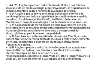 • Art. 75. A ação supletiva e redistributiva da União e dos Estados
será exercida de modo a corrigir, progressivamente, as disparidades de
acesso e garantir o padrão mínimo de qualidade de ensino.
• § 1º A ação a que se refere este artigo obedecerá a fórmula de
domínio público que inclua a capacidade de atendimento e a medida
do esforço fiscal do respectivo Estado, do Distrito Federal ou do
Município em favor da manutenção e do desenvolvimento do ensino.
• § 2º A capacidade de atendimento de cada governo será definida
pela razão entre os recursos de uso constitucionalmente obrigatório na
manutenção e desenvolvimento do ensino e o custo anual do
aluno, relativo ao padrão mínimo de qualidade.
• § 3º Com base nos critérios estabelecidos nos §§ 1º e 2º, a União
poderá fazer a transferência direta de recursos a cada estabelecimento
de ensino, considerado o número de alunos que efetivamente
freqüentam a escola.
• § 4º A ação supletiva e redistributiva não poderá ser exercida em
favor do Distrito Federal, dos Estados e dos Municípios se estes
oferecerem vagas, na área de ensino de sua
responsabilidade, conforme o inciso VI do art. 10 e o inciso V do art. 11
desta Lei, em número inferior à sua capacidade de atendimento.
 