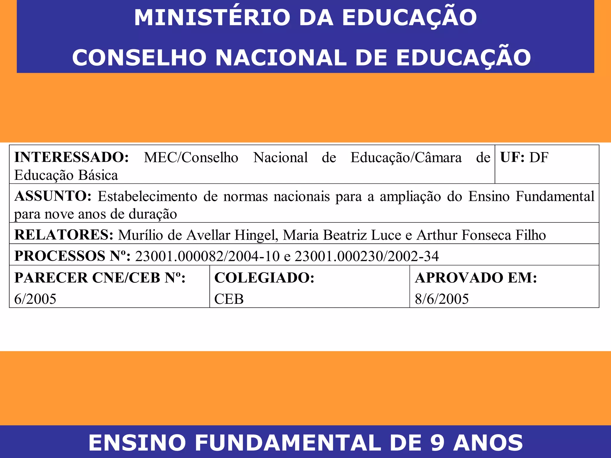 ENSINO FUNDAMENTAL DE 9 ANOS
INTERESSADO: MEC/Conselho Nacional de Educação/Câmara de
Educação Básica
UF: DF
ASSUNTO: Estabelecimento de normas nacionais para a ampliação do Ensino Fundamental
para nove anos de duração
RELATORES: Murílio de Avellar Hingel, Maria Beatriz Luce e Arthur Fonseca Filho
PROCESSOS Nº: 23001.000082/2004-10 e 23001.000230/2002-34
PARECER CNE/CEB Nº:
6/2005
COLEGIADO:
CEB
APROVADO EM:
8/6/2005
MINISTÉRIO DA EDUCAÇÃO
CONSELHO NACIONAL DE EDUCAÇÃO
 