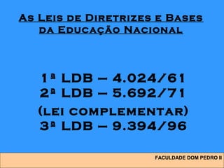FACULDADE DOM PEDRO II
As Leis de Diretrizes e Bases
da Educação Nacional
1ª LDB – 4.024/61
2ª LDB – 5.692/71
(lei complementar)
3ª LDB – 9.394/96
 