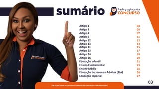 03
Artigo 1
Artigo 3
Artigo 4
Artigo 5
Artigo 12
Artigo 13
Artigo 21
Artigo 23
Artigo 24
Artigo 26
Educação Infantil
Ensino Fundamental
Ensino Médio
Educação de Jovens e Adultos (EJA)
Educação Especial
04
05
07
11
12
13
15
17
18
20
21
23
25
26
27
LDB ATUALIZADA: ARTIGOS MAIS COBRADOS EM CONCURSOS PARA PROFESSOR
 