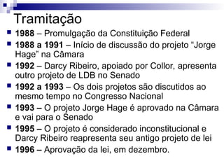 Tramitação
 1988 – Promulgação da Constituição Federal
 1988 a 1991 – Início de discussão do projeto “Jorge
Hage” na Câmara
 1992 – Darcy Ribeiro, apoiado por Collor, apresenta
outro projeto de LDB no Senado
 1992 a 1993 – Os dois projetos são discutidos ao
mesmo tempo no Congresso Nacional
 1993 – O projeto Jorge Hage é aprovado na Câmara
e vai para o Senado
 1995 – O projeto é considerado inconstitucional e
Darcy Ribeiro reapresenta seu antigo projeto de lei
 1996 – Aprovação da lei, em dezembro.
 