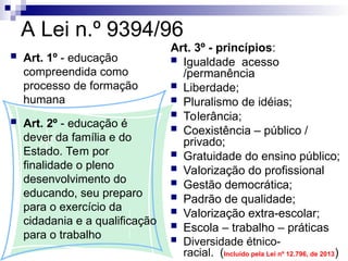 A Lei n.º 9394/96
 Art. 1º - educação
compreendida como
processo de formação
humana
 Art. 2º - educação é
dever da família e do
Estado. Tem por
finalidade o pleno
desenvolvimento do
educando, seu preparo
para o exercício da
cidadania e a qualificação
para o trabalho
Art. 3º - princípios:
 Igualdade acesso
/permanência
 Liberdade;
 Pluralismo de idéias;
 Tolerância;
 Coexistência – público /
privado;
 Gratuidade do ensino público;
 Valorização do profissional
 Gestão democrática;
 Padrão de qualidade;
 Valorização extra-escolar;
 Escola – trabalho – práticas
 Diversidade étnico-
racial. (Incluído pela Lei nº 12.796, de 2013)
 