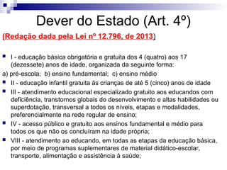 Dever do Estado (Art. 4º)
(Redação dada pela Lei nº 12.796, de 2013)
 I - educação básica obrigatória e gratuita dos 4 (quatro) aos 17
(dezessete) anos de idade, organizada da seguinte forma:
a) pré-escola; b) ensino fundamental; c) ensino médio
 II - educação infantil gratuita às crianças de até 5 (cinco) anos de idade
 III - atendimento educacional especializado gratuito aos educandos com
deficiência, transtornos globais do desenvolvimento e altas habilidades ou
superdotação, transversal a todos os níveis, etapas e modalidades,
preferencialmente na rede regular de ensino;
 IV - acesso público e gratuito aos ensinos fundamental e médio para
todos os que não os concluíram na idade própria;
 VIII - atendimento ao educando, em todas as etapas da educação básica,
por meio de programas suplementares de material didático-escolar,
transporte, alimentação e assistência à saúde;
 