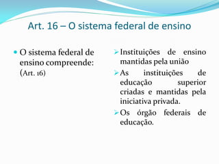 Art. 16 – O sistema federal de ensino

 O sistema federal de    Instituições    de ensino
  ensino compreende:       mantidas pela união
  (Art. 16)               As      instituições    de
                           educação          superior
                           criadas e mantidas pela
                           iniciativa privada.
                          Os órgão federais de
                           educação.
 