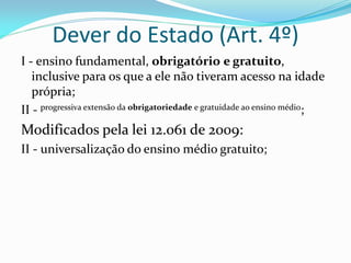 Dever do Estado (Art. 4º)
I - ensino fundamental, obrigatório e gratuito,
   inclusive para os que a ele não tiveram acesso na idade
   própria;
II - progressiva extensão da obrigatoriedade e gratuidade ao ensino médio;
Modificados pela lei 12.061 de 2009:
II - universalização do ensino médio gratuito;
 