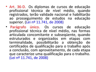 • Art. 36-D. Os diplomas de cursos de educação
profissional técnica de nível médio, quando
registrados, terão validade nacional e habilitarão
ao prosseguimento de estudos na educação
superior. (Lei nº 11.741, de 2008)
• Parágrafo único. Os cursos de educação
profissional técnica de nível médio, nas formas
articulada concomitante e subseqüente, quando
estruturados e organizados em etapas com
terminalidade, possibilitarão a obtenção de
certificados de qualificação para o trabalho após
a conclusão, com aproveitamento, de cada etapa
que caracterize uma qualificação para o trabalho.
(Lei nº 11.741, de 2008)
 
