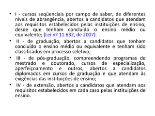 • I - cursos seqüenciais por campo de saber, de diferentes
níveis de abrangência, abertos a candidatos que atendam
aos requisitos estabelecidos pelas instituições de ensino,
desde que tenham concluído o ensino médio ou
equivalente; (Lei nº 11.632, de 2007).
• II - de graduação, abertos a candidatos que tenham
concluído o ensino médio ou equivalente e tenham sido
classificados em processo seletivo;
• III - de pós-graduação, compreendendo programas de
mestrado e doutorado, cursos de especialização,
aperfeiçoamento e outros, abertos a candidatos
diplomados em cursos de graduação e que atendam às
exigências das instituições de ensino;
• IV - de extensão, abertos a candidatos que atendam aos
requisitos estabelecidos em cada caso pelas instituições de
ensino.
 