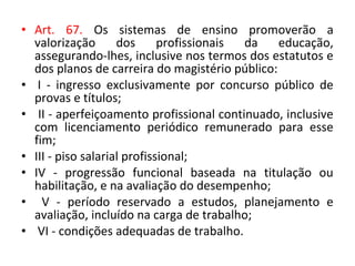 • Art. 67. Os sistemas de ensino promoverão a
valorização dos profissionais da educação,
assegurando-lhes, inclusive nos termos dos estatutos e
dos planos de carreira do magistério público:
• I - ingresso exclusivamente por concurso público de
provas e títulos;
• II - aperfeiçoamento profissional continuado, inclusive
com licenciamento periódico remunerado para esse
fim;
• III - piso salarial profissional;
• IV - progressão funcional baseada na titulação ou
habilitação, e na avaliação do desempenho;
• V - período reservado a estudos, planejamento e
avaliação, incluído na carga de trabalho;
• VI - condições adequadas de trabalho.
 