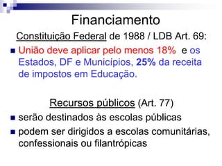 Financiamento
Constituição Federal de 1988 / LDB Art. 69:
 União deve aplicar pelo menos 18% e os
Estados, DF e Municípios, 25% da receita
de impostos em Educação.
Recursos públicos (Art. 77)
 serão destinados às escolas públicas
 podem ser dirigidos a escolas comunitárias,
confessionais ou filantrópicas
 