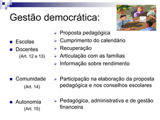 Gestão democrática:
 Escolas
 Docentes
(Art. 12 e 13)
 Comunidade
(Art. 14)
 Autonomia
(Art. 15)
 Proposta pedagógica
 Cumprimento do calendário
 Recuperação
 Articulação com as famílias
 Informação sobre rendimento
 Participação na elaboração da proposta
pedagógica e nos conselhos escolares
 Pedagógica, administrativa e de gestão
financeira
 