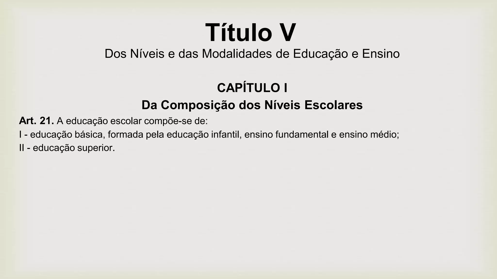 Título V
Dos Níveis e das Modalidades de Educação e Ensino
CAPÍTULO I
Da Composição dos Níveis Escolares
Art. 21. A educação escolar compõe-se de:
I - educação básica, formada pela educação infantil, ensino fundamental e ensino médio;
II - educação superior.
 