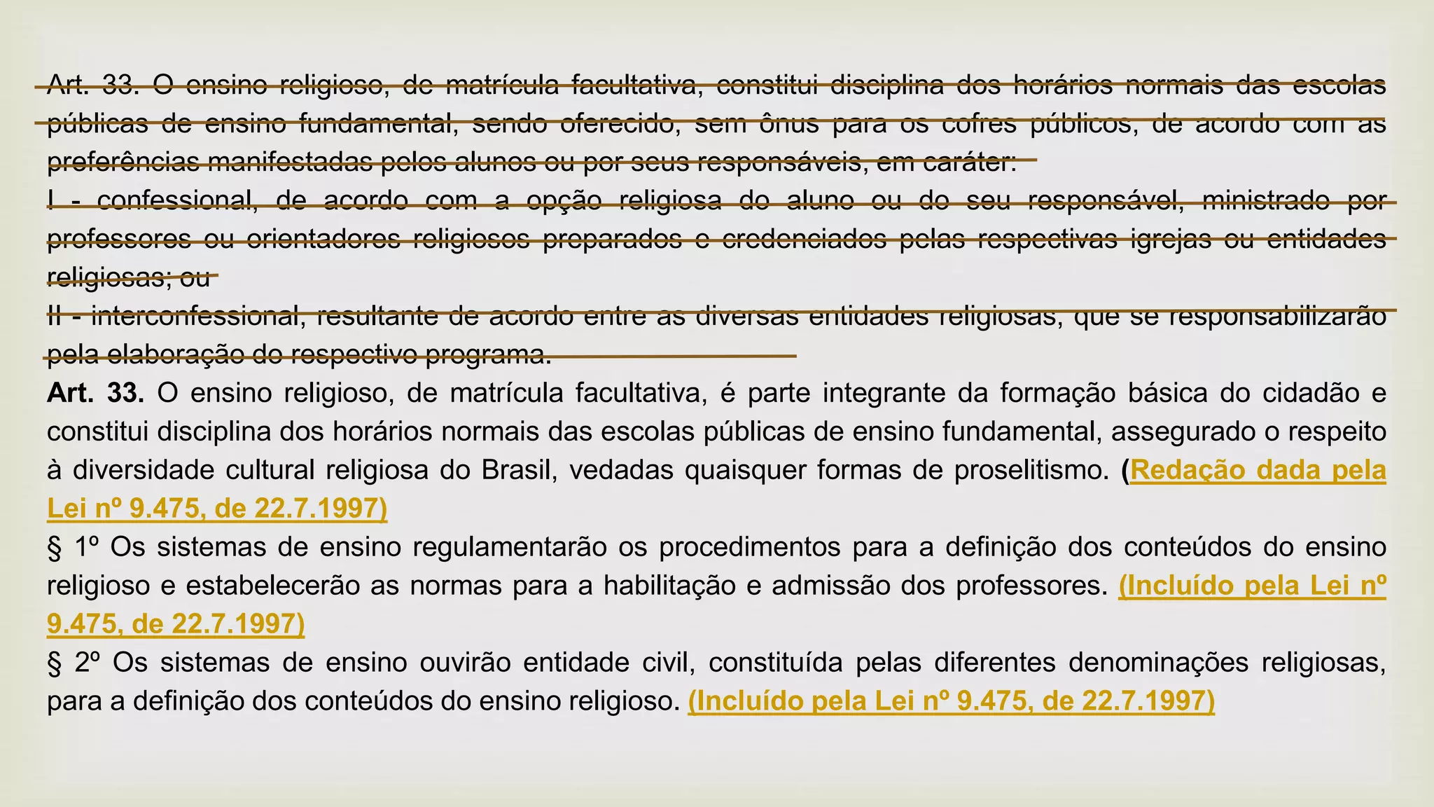 Art. 33. O ensino religioso, de matrícula facultativa, constitui disciplina dos horários normais das escolas
públicas de ensino fundamental, sendo oferecido, sem ônus para os cofres públicos, de acordo com as
preferências manifestadas pelos alunos ou por seus responsáveis, em caráter:
I - confessional, de acordo com a opção religiosa do aluno ou do seu responsável, ministrado por
professores ou orientadores religiosos preparados e credenciados pelas respectivas igrejas ou entidades
religiosas; ou
II - interconfessional, resultante de acordo entre as diversas entidades religiosas, que se responsabilizarão
pela elaboração do respectivo programa.
Art. 33. O ensino religioso, de matrícula facultativa, é parte integrante da formação básica do cidadão e
constitui disciplina dos horários normais das escolas públicas de ensino fundamental, assegurado o respeito
à diversidade cultural religiosa do Brasil, vedadas quaisquer formas de proselitismo. (Redação dada pela
Lei nº 9.475, de 22.7.1997)
§ 1º Os sistemas de ensino regulamentarão os procedimentos para a definição dos conteúdos do ensino
religioso e estabelecerão as normas para a habilitação e admissão dos professores. (Incluído pela Lei nº
9.475, de 22.7.1997)
§ 2º Os sistemas de ensino ouvirão entidade civil, constituída pelas diferentes denominações religiosas,
para a definição dos conteúdos do ensino religioso. (Incluído pela Lei nº 9.475, de 22.7.1997)
 