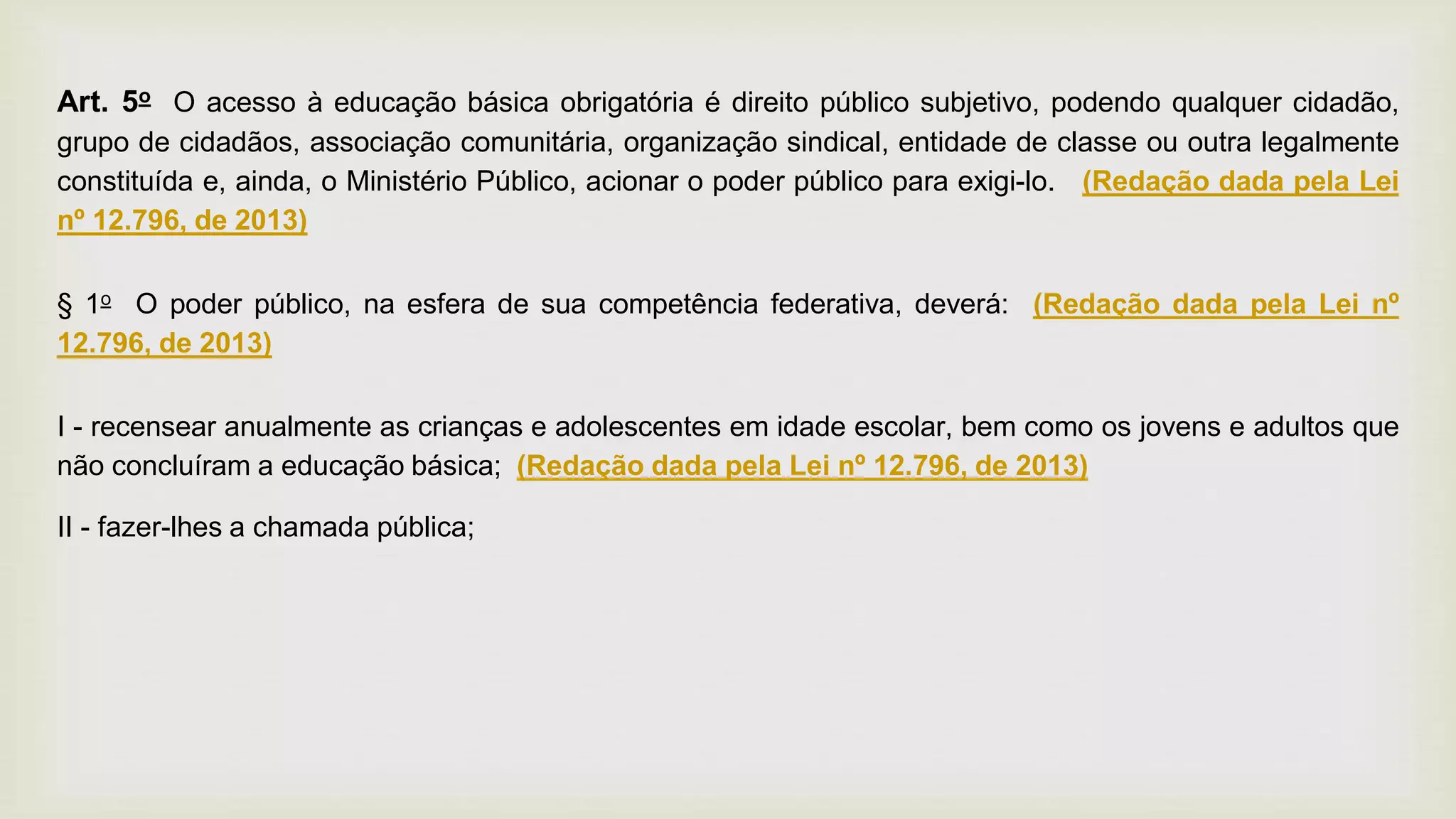 Art. 5o O acesso à educação básica obrigatória é direito público subjetivo, podendo qualquer cidadão,
grupo de cidadãos, associação comunitária, organização sindical, entidade de classe ou outra legalmente
constituída e, ainda, o Ministério Público, acionar o poder público para exigi-lo. (Redação dada pela Lei
nº 12.796, de 2013)
§ 1o O poder público, na esfera de sua competência federativa, deverá: (Redação dada pela Lei nº
12.796, de 2013)
I - recensear anualmente as crianças e adolescentes em idade escolar, bem como os jovens e adultos que
não concluíram a educação básica; (Redação dada pela Lei nº 12.796, de 2013)
II - fazer-lhes a chamada pública;
 