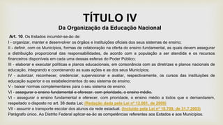 TÍTULO IV
Da Organização da Educação Nacional
Art. 10. Os Estados incumbir-se-ão de:
I - organizar, manter e desenvolver os órgãos e instituições oficiais dos seus sistemas de ensino;
II - definir, com os Municípios, formas de colaboração na oferta do ensino fundamental, as quais devem assegurar
a distribuição proporcional das responsabilidades, de acordo com a população a ser atendida e os recursos
financeiros disponíveis em cada uma dessas esferas do Poder Público;
III - elaborar e executar políticas e planos educacionais, em consonância com as diretrizes e planos nacionais de
educação, integrando e coordenando as suas ações e as dos seus Municípios;
IV - autorizar, reconhecer, credenciar, supervisionar e avaliar, respectivamente, os cursos das instituições de
educação superior e os estabelecimentos do seu sistema de ensino;
V - baixar normas complementares para o seu sistema de ensino;
VI - assegurar o ensino fundamental e oferecer, com prioridade, o ensino médio.
VI - assegurar o ensino fundamental e oferecer, com prioridade, o ensino médio a todos que o demandarem,
respeitado o disposto no art. 38 desta Lei; (Redação dada pela Lei nº 12.061, de 2009)
VII - assumir o transporte escolar dos alunos da rede estadual. (Incluído pela Lei nº 10.709, de 31.7.2003)
Parágrafo único. Ao Distrito Federal aplicar-se-ão as competências referentes aos Estados e aos Municípios.
 