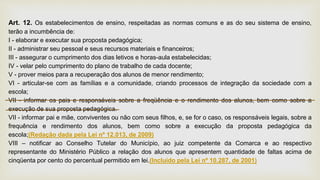 Art. 12. Os estabelecimentos de ensino, respeitadas as normas comuns e as do seu sistema de ensino,
terão a incumbência de:
I - elaborar e executar sua proposta pedagógica;
II - administrar seu pessoal e seus recursos materiais e financeiros;
III - assegurar o cumprimento dos dias letivos e horas-aula estabelecidas;
IV - velar pelo cumprimento do plano de trabalho de cada docente;
V - prover meios para a recuperação dos alunos de menor rendimento;
VI - articular-se com as famílias e a comunidade, criando processos de integração da sociedade com a
escola;
VII - informar os pais e responsáveis sobre a freqüência e o rendimento dos alunos, bem como sobre a
execução de sua proposta pedagógica.
VII - informar pai e mãe, conviventes ou não com seus filhos, e, se for o caso, os responsáveis legais, sobre a
frequência e rendimento dos alunos, bem como sobre a execução da proposta pedagógica da
escola;(Redação dada pela Lei nº 12.013, de 2009)
VIII – notificar ao Conselho Tutelar do Município, ao juiz competente da Comarca e ao respectivo
representante do Ministério Público a relação dos alunos que apresentem quantidade de faltas acima de
cinqüenta por cento do percentual permitido em lei.(Incluído pela Lei nº 10.287, de 2001)
 
