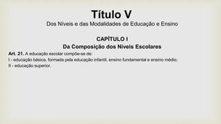 Título V
Dos Níveis e das Modalidades de Educação e Ensino
CAPÍTULO I
Da Composição dos Níveis Escolares
Art. 21. A educação escolar compõe-se de:
I - educação básica, formada pela educação infantil, ensino fundamental e ensino médio;
II - educação superior.
 