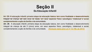 Seção II
Da Educação Infantil
Art. 29. A educação infantil, primeira etapa da educação básica, tem como finalidade o desenvolvimento
integral da criança até seis anos de idade, em seus aspectos físico, psicológico, intelectual e social,
complementando a ação da família e da comunidade.
Art. 29. A educação infantil, primeira etapa da educação básica, tem como finalidade o desenvolvimento
integral da criança de até 5 (cinco) anos, em seus aspectos físico, psicológico, intelectual e social,
complementando a ação da família e da comunidade. (Redação dada pela Lei nº 12.796, de 2013)
 
