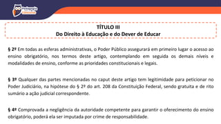 TÍTULO III
Do Direito à Educação e do Dever de Educar
§ 2º Em todas as esferas administrativas, o Poder Público assegurará em primeiro lugar o acesso ao
ensino obrigatório, nos termos deste artigo, contemplando em seguida os demais níveis e
modalidades de ensino, conforme as prioridades constitucionais e legais.
§ 3º Qualquer das partes mencionadas no caput deste artigo tem legitimidade para peticionar no
Poder Judiciário, na hipótese do § 2º do art. 208 da Constituição Federal, sendo gratuita e de rito
sumário a ação judicial correspondente.
§ 4º Comprovada a negligência da autoridade competente para garantir o oferecimento do ensino
obrigatório, poderá ela ser imputada por crime de responsabilidade.
 