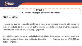 TÍTULO III
Do Direito à Educação e do Dever de Educar
I - prova ou aula de reposição, conforme o caso, a ser realizada em data alternativa, no
turno de estudo do aluno ou em outro horário agendado com sua anuência expressa;
(Incluído pela Lei nº 13.796, de 2019) (Vigência)
II - trabalho escrito ou outra modalidade de atividade de pesquisa, com tema, objetivo e
data de entrega definidos pela instituição de ensino. (Incluído pela Lei nº 13.796, de
2019) (Vigência)
*2019 Lei 13.796
 