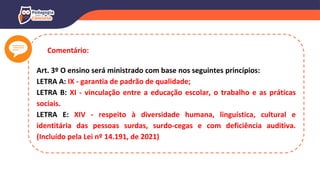Comentário:
Art. 3º O ensino será ministrado com base nos seguintes princípios:
LETRA A: IX - garantia de padrão de qualidade;
LETRA B: XI - vinculação entre a educação escolar, o trabalho e as práticas
sociais.
LETRA E: XIV - respeito à diversidade humana, linguística, cultural e
identitária das pessoas surdas, surdo-cegas e com deficiência auditiva.
(Incluído pela Lei nº 14.191, de 2021)
 