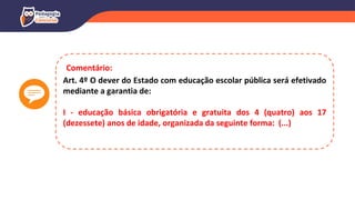 Art. 4º O dever do Estado com educação escolar pública será efetivado
mediante a garantia de:
I - educação básica obrigatória e gratuita dos 4 (quatro) aos 17
(dezessete) anos de idade, organizada da seguinte forma: (...)
Comentário:
 